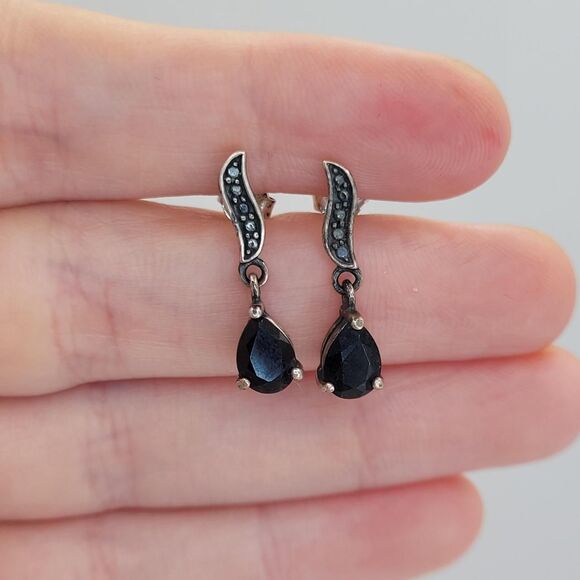 Vintage Avon RJ Black Onyx Stone and Marcasite 925 Sterling Silver Drop Earrings - Picture 1 of 6